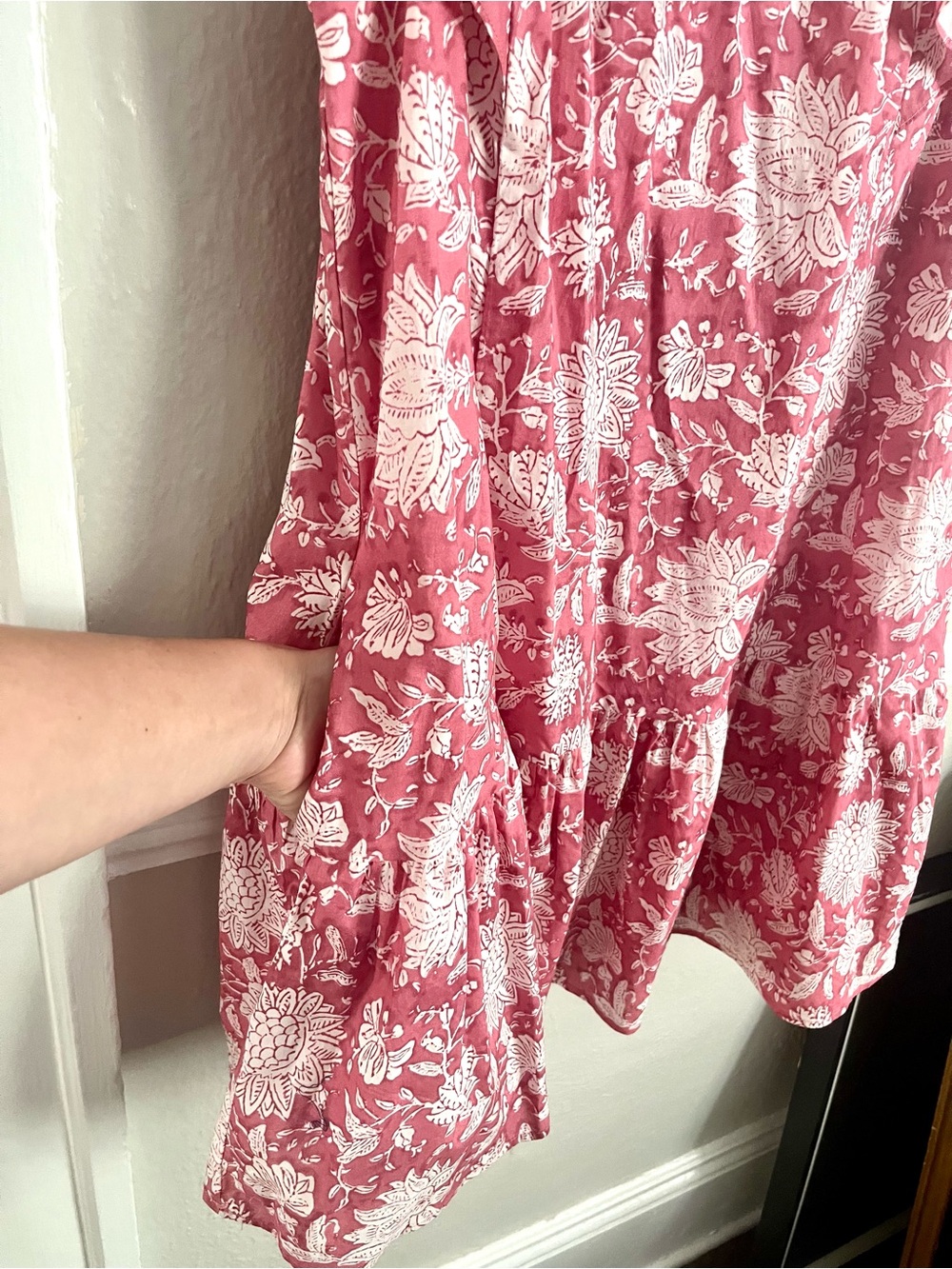 Entro Ruffle Sleeve Tiered Floral Pink Mini Dress with Pockets size Large - Picture 7 of 9